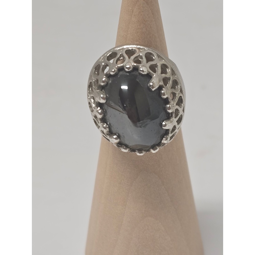 Vintage 70s Sarah Coventry Hematite Cabochon Silver Tone Adjustable Ring